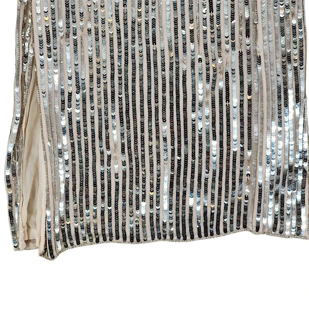Judith Ann Creations Dress XS Women Silver Sequin Silk Long Sleeve Midi Vtg READ